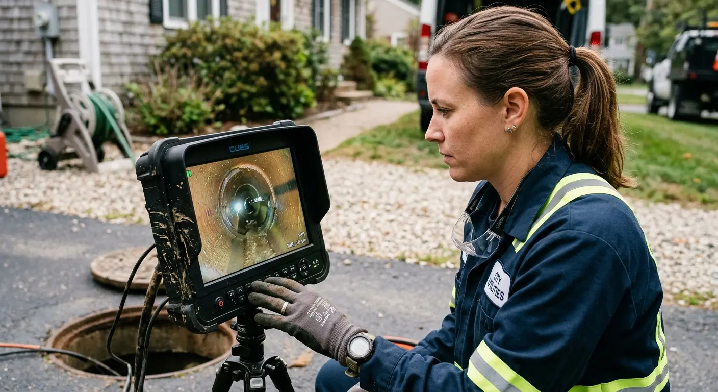 Technician reviewing sewer camera inspection footage in Kapolei