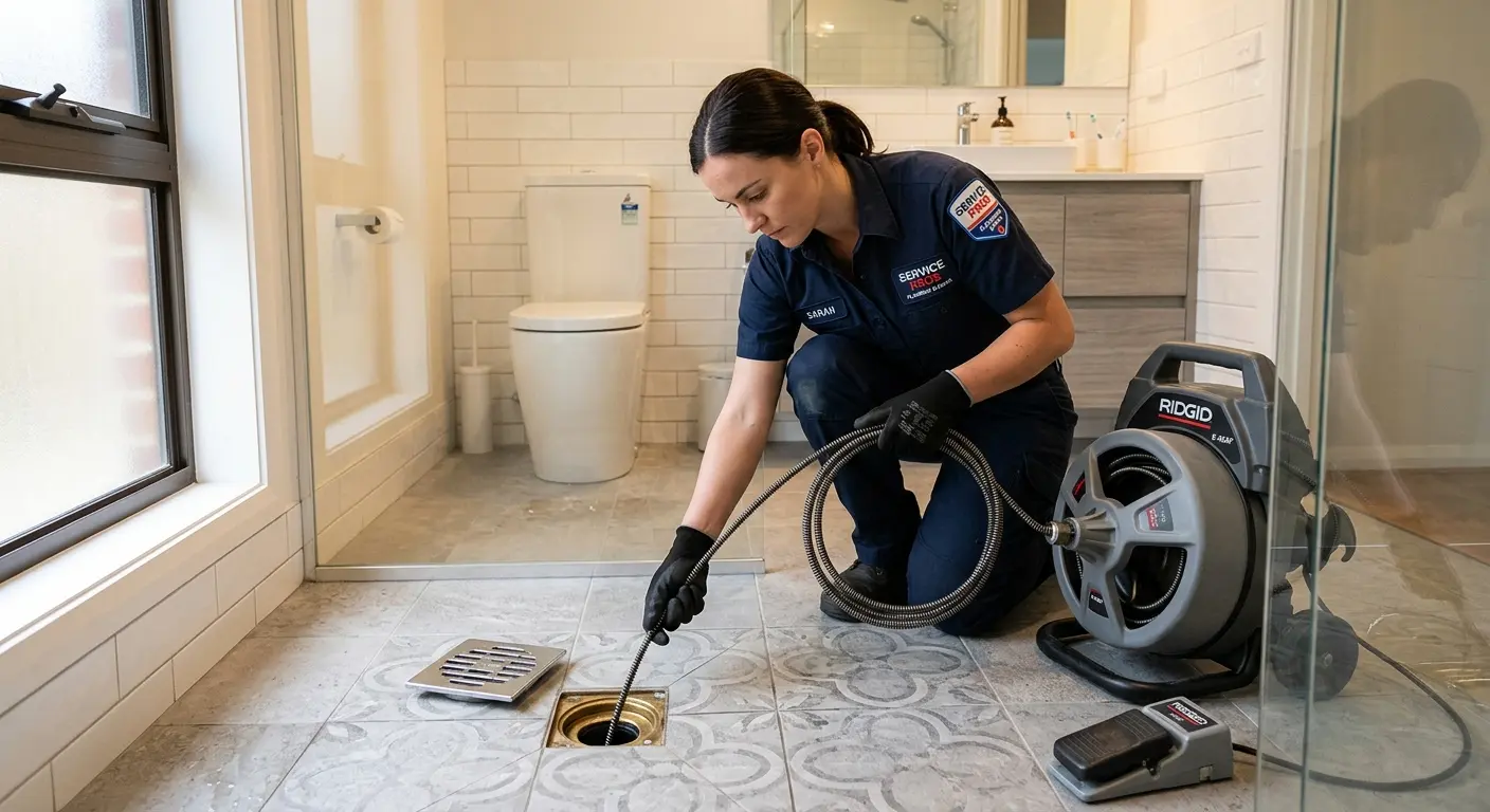 Technician clearing a bathroom floor drain for Drain Cleaning in Kapolei
